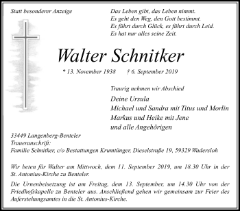 Traueranzeige von Walter Schnitker von Die Glocke