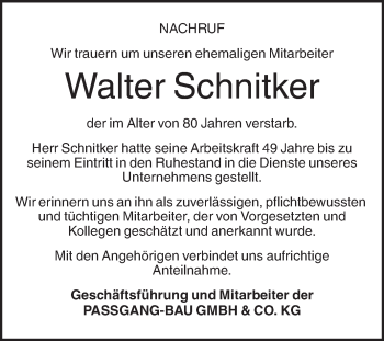 Traueranzeige von Walter Schnitker von Die Glocke