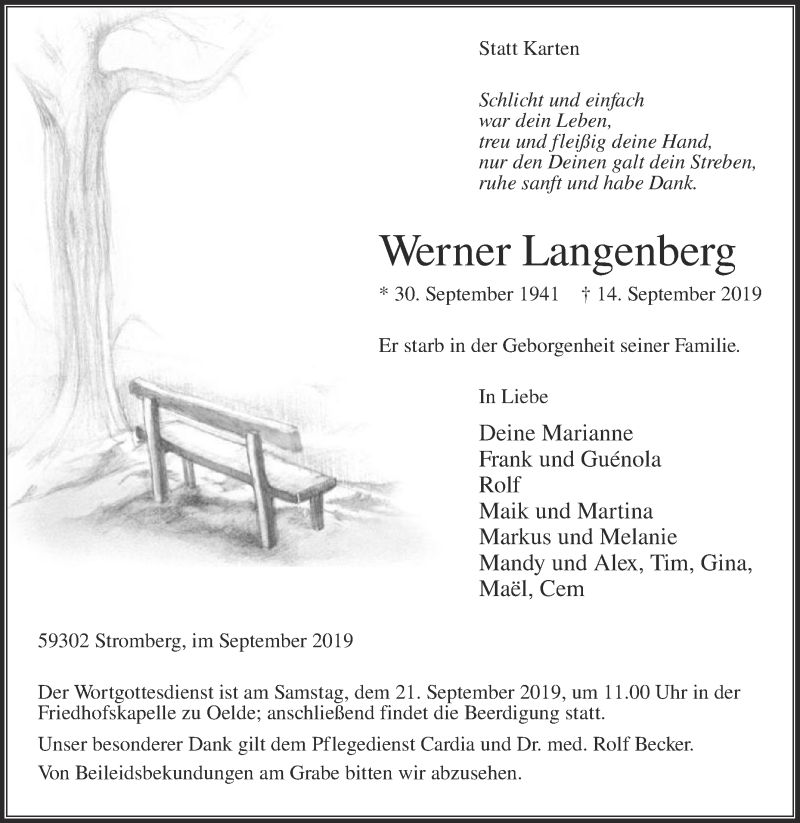  Traueranzeige für Werner Langenberg vom 18.09.2019 aus Die Glocke