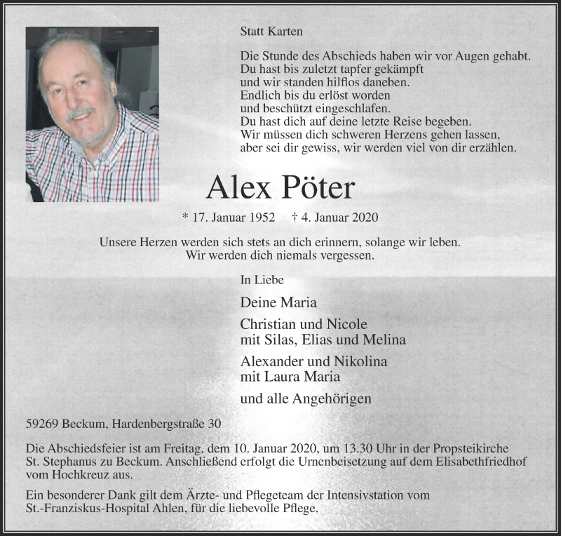  Traueranzeige für Alex Pöter vom 08.01.2020 aus Die Glocke