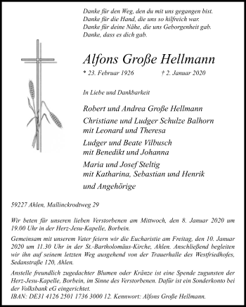 Traueranzeige von Alfons Große Hellmann von Die Glocke