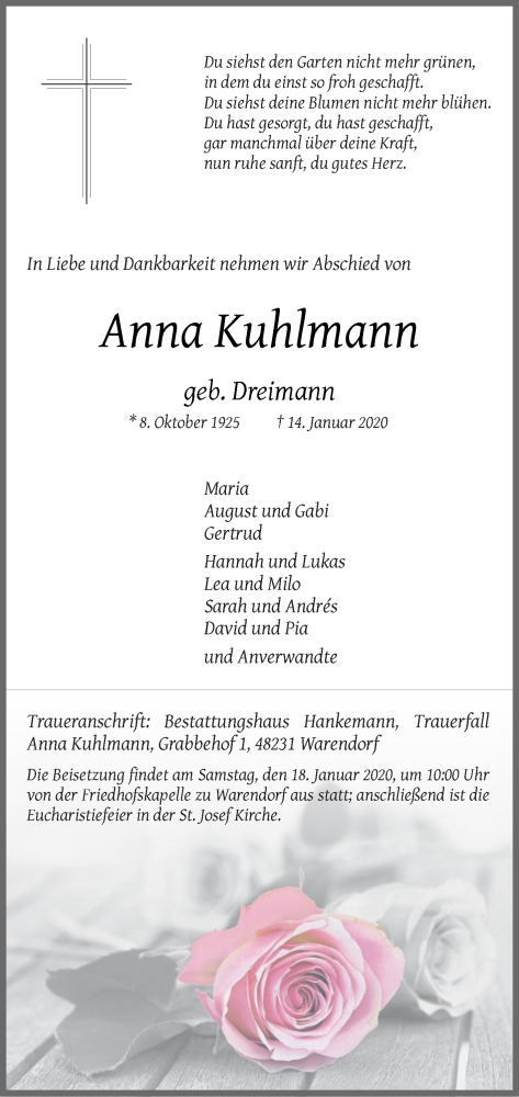  Traueranzeige für Anna Kuhlmann vom 16.01.2020 aus Die Glocke