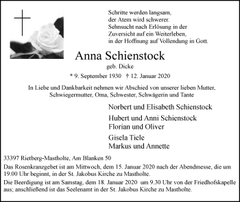 Traueranzeige von Anna Schienstock von Die Glocke