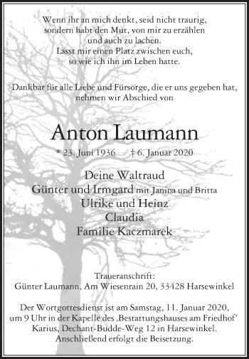 Traueranzeige von Anton Laumann von Die Glocke