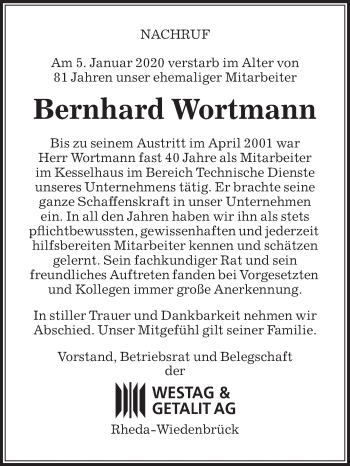 Traueranzeige von Bernhard Wortmann von Die Glocke