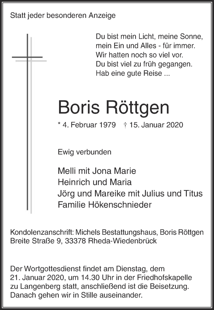  Traueranzeige für Boris Röttgen vom 18.01.2020 aus Die Glocke