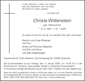 Traueranzeige von Christa Wittenstein von Die Glocke