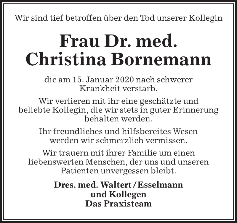  Traueranzeige für Christina Bornemann vom 25.01.2020 aus Die Glocke
