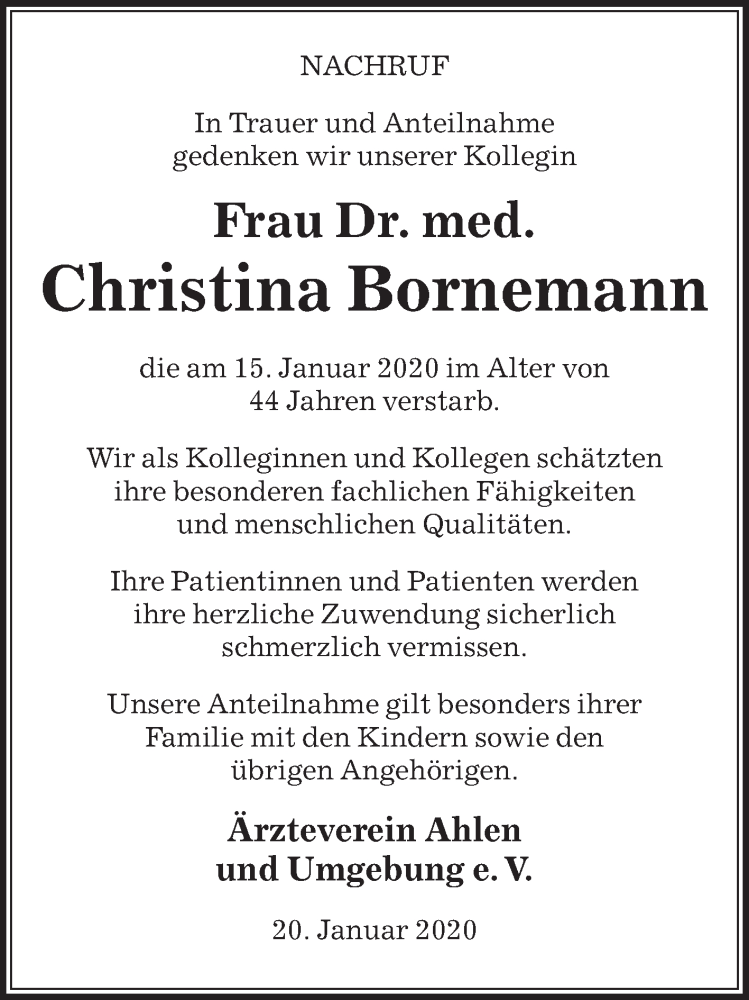  Traueranzeige für Christina Bornemann vom 22.01.2020 aus Die Glocke