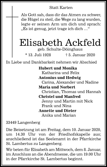 Traueranzeige von Elisabeth Ackfeld von Die Glocke