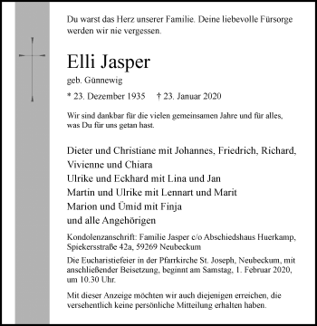 Traueranzeige von Elli Jasper von Die Glocke