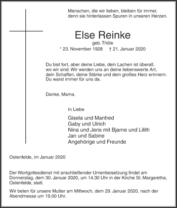 Traueranzeige von Else Reinke von Die Glocke