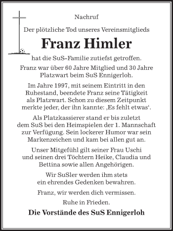 Traueranzeige von Franz Himler von Die Glocke