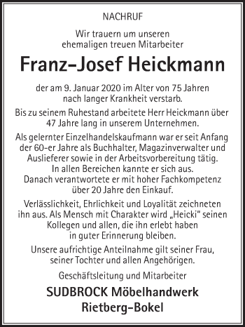 Traueranzeige von Franz-Josef Heickmann von Die Glocke