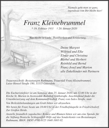 Traueranzeige von Franz Kleinebrummel von Die Glocke