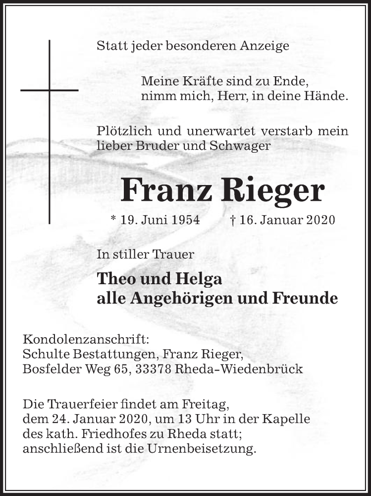  Traueranzeige für Franz Rieger vom 20.01.2020 aus Die Glocke