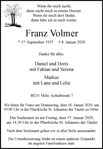 Traueranzeige von Franz Volmer von Die Glocke