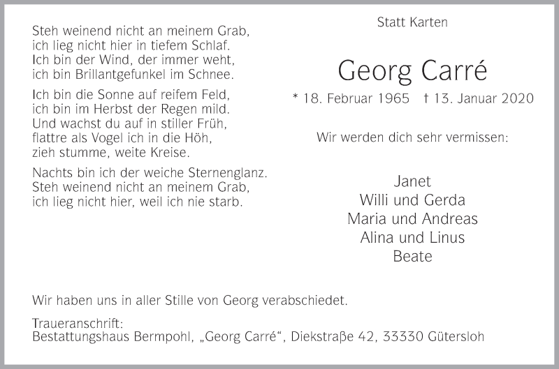  Traueranzeige für Georg Carré vom 18.01.2020 aus Die Glocke