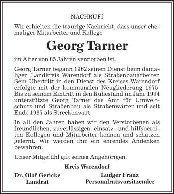 Traueranzeige von Georg Tarner von Die Glocke