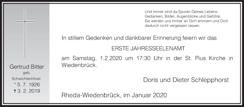  Traueranzeige für Gertrud Bitter vom 25.01.2020 aus Die Glocke