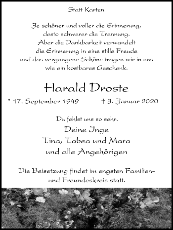 Traueranzeige von HArald Droste von Die Glocke