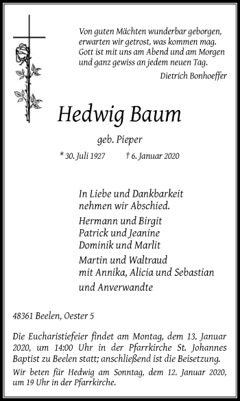 Traueranzeige von Hedwig Baum von Die Glocke