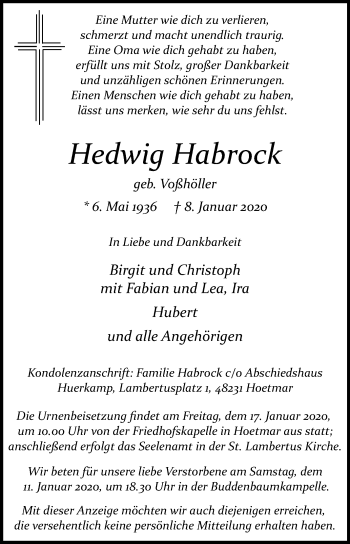 Traueranzeige von Hedwig Habrock von Die Glocke