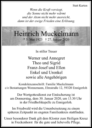 Traueranzeige von Heinrich Muckelmann von Die Glocke