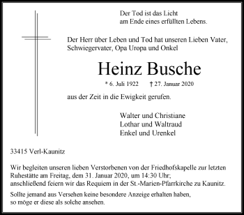 Traueranzeige von Heinz Busche von Die Glocke
