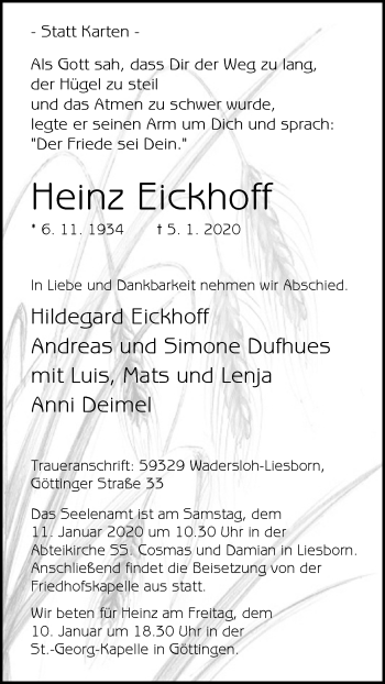 Traueranzeige von Heinz Eickhoff von Die Glocke