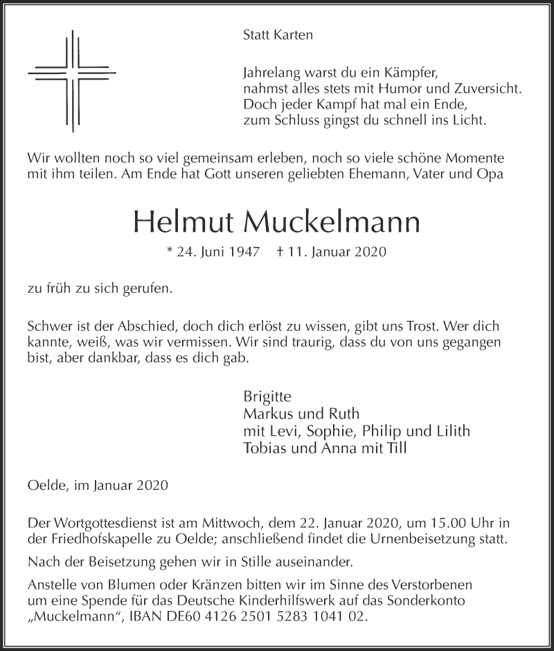  Traueranzeige für Helmut Muckelmann vom 18.01.2020 aus Die Glocke