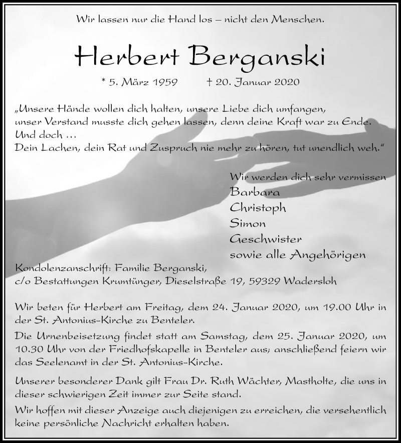  Traueranzeige für Herbert Berganski vom 22.01.2020 aus Die Glocke