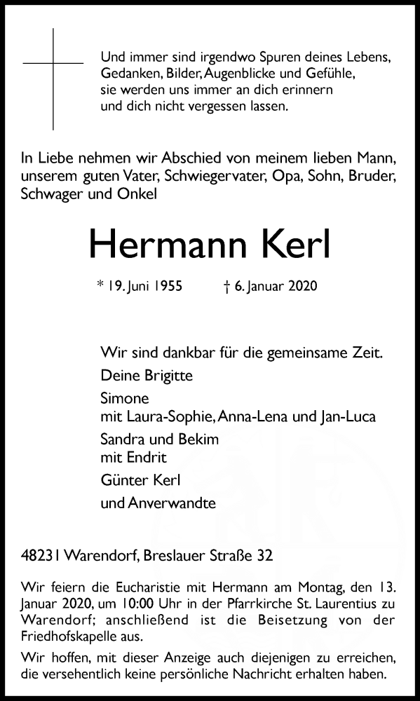  Traueranzeige für Hermann Kerl vom 09.01.2020 aus Die Glocke