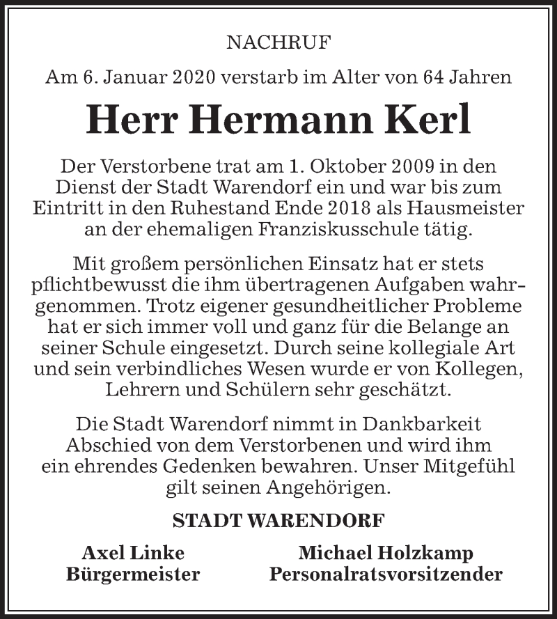  Traueranzeige für Hermann Kerl vom 10.01.2020 aus Die Glocke
