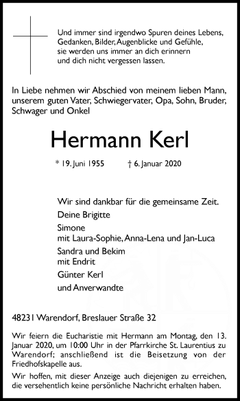 Traueranzeige von Hermann Kerl von Die Glocke