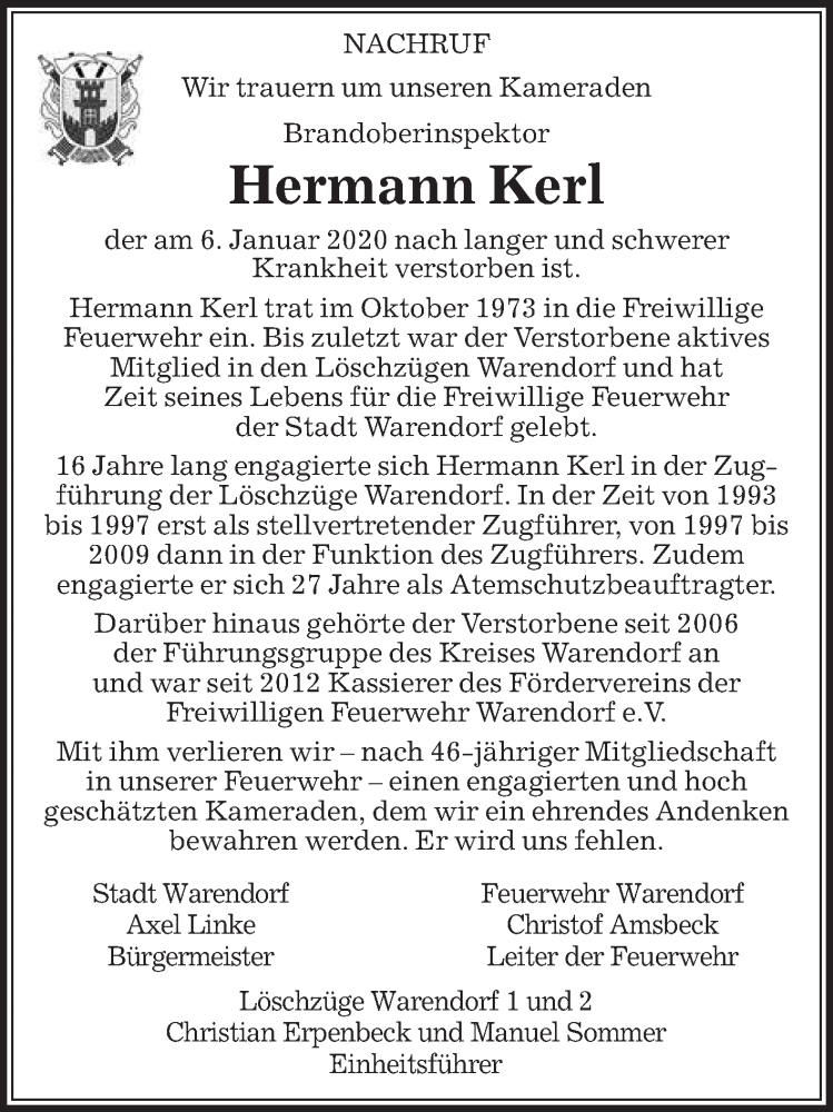  Traueranzeige für Hermann Kerl vom 13.01.2020 aus Die Glocke