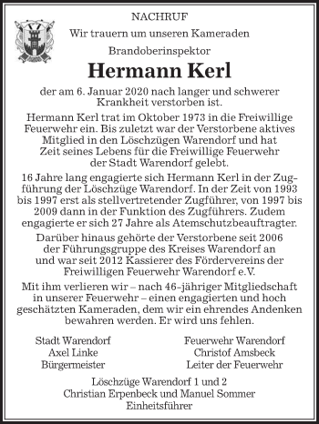 Traueranzeige von Hermann Kerl von Die Glocke