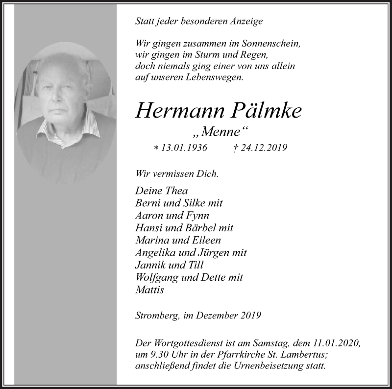  Traueranzeige für Hermann Pälmke vom 04.01.2020 aus Die Glocke