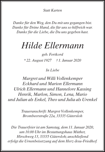 Traueranzeige von Hilde Ellermann von Die Glocke