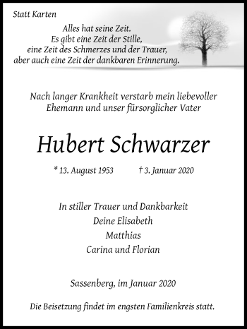 Traueranzeige von Hubert Schwarzer von Die Glocke