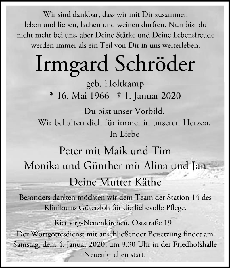  Traueranzeige für Irmgard Schröder vom 03.01.2020 aus Die Glocke