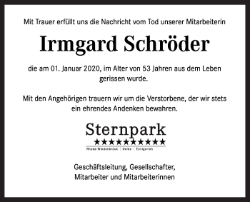 Traueranzeige von Irmgard Schröder von Die Glocke