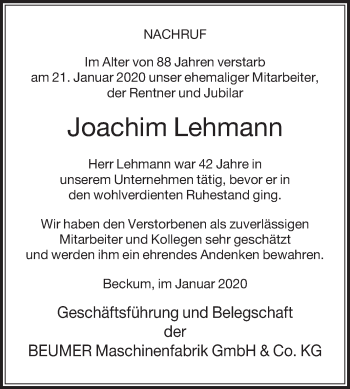 Traueranzeige von Joachim Lehmann von Die Glocke