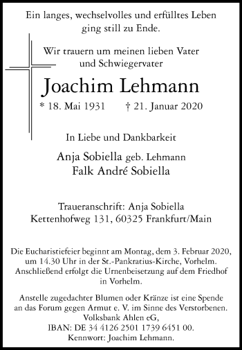 Traueranzeige von Joachim Lehmann von Die Glocke