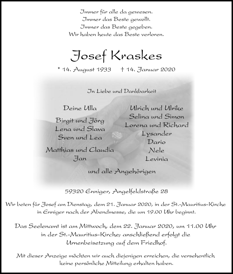  Traueranzeige für Josef Kraskes vom 18.01.2020 aus Die Glocke