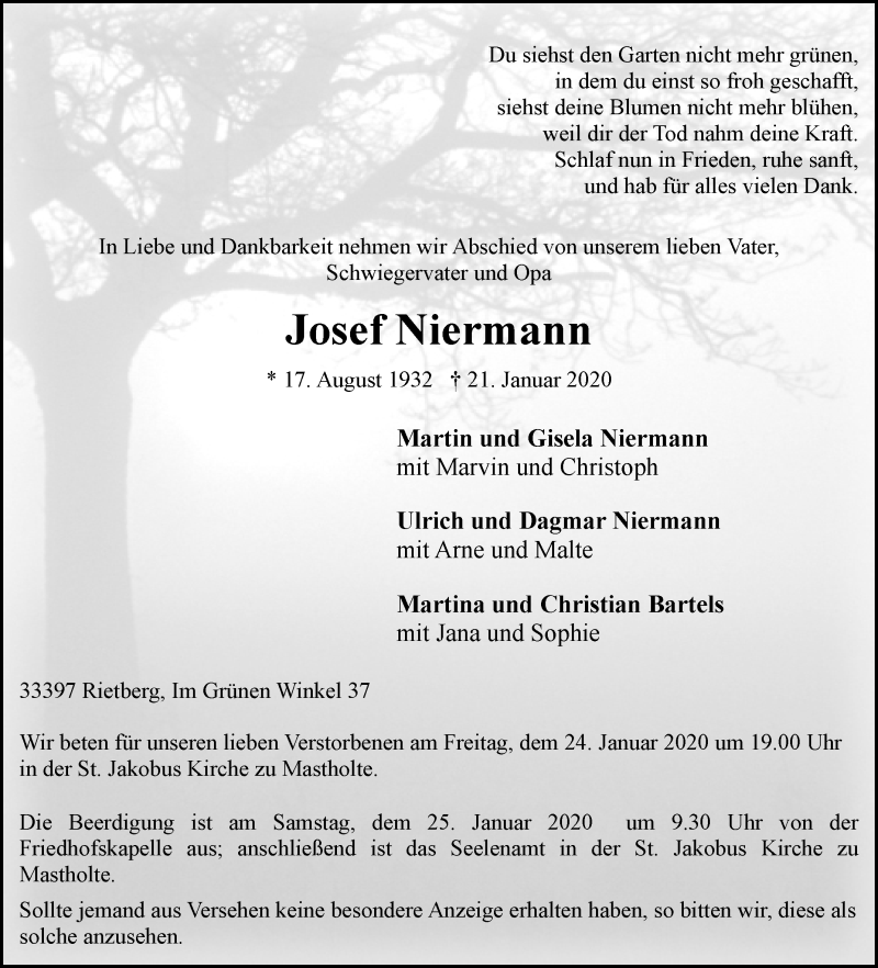  Traueranzeige für Josef Niermann vom 23.01.2020 aus Die Glocke