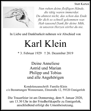 Traueranzeige von Karl Klein von Die Glocke