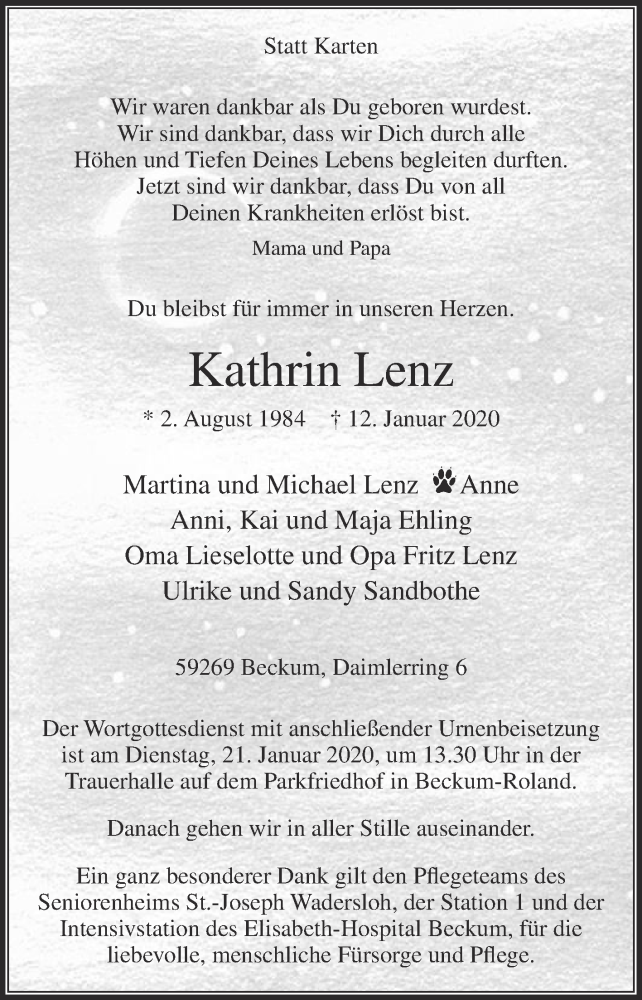  Traueranzeige für Kathrin Lenz vom 18.01.2020 aus Die Glocke