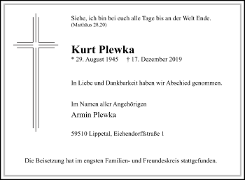 Traueranzeige von Kurt Plewka von Die Glocke