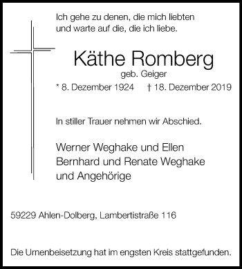 Traueranzeige von Käthe Romberg von Die Glocke